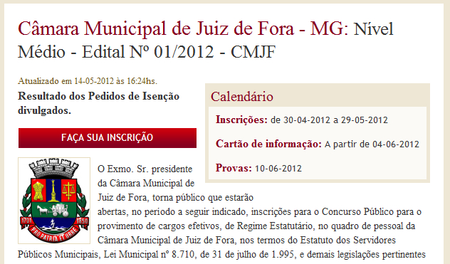 Inscrições para Concurso da Câmara vão até dia 29 de maio (21/05/2012 00:00:00)