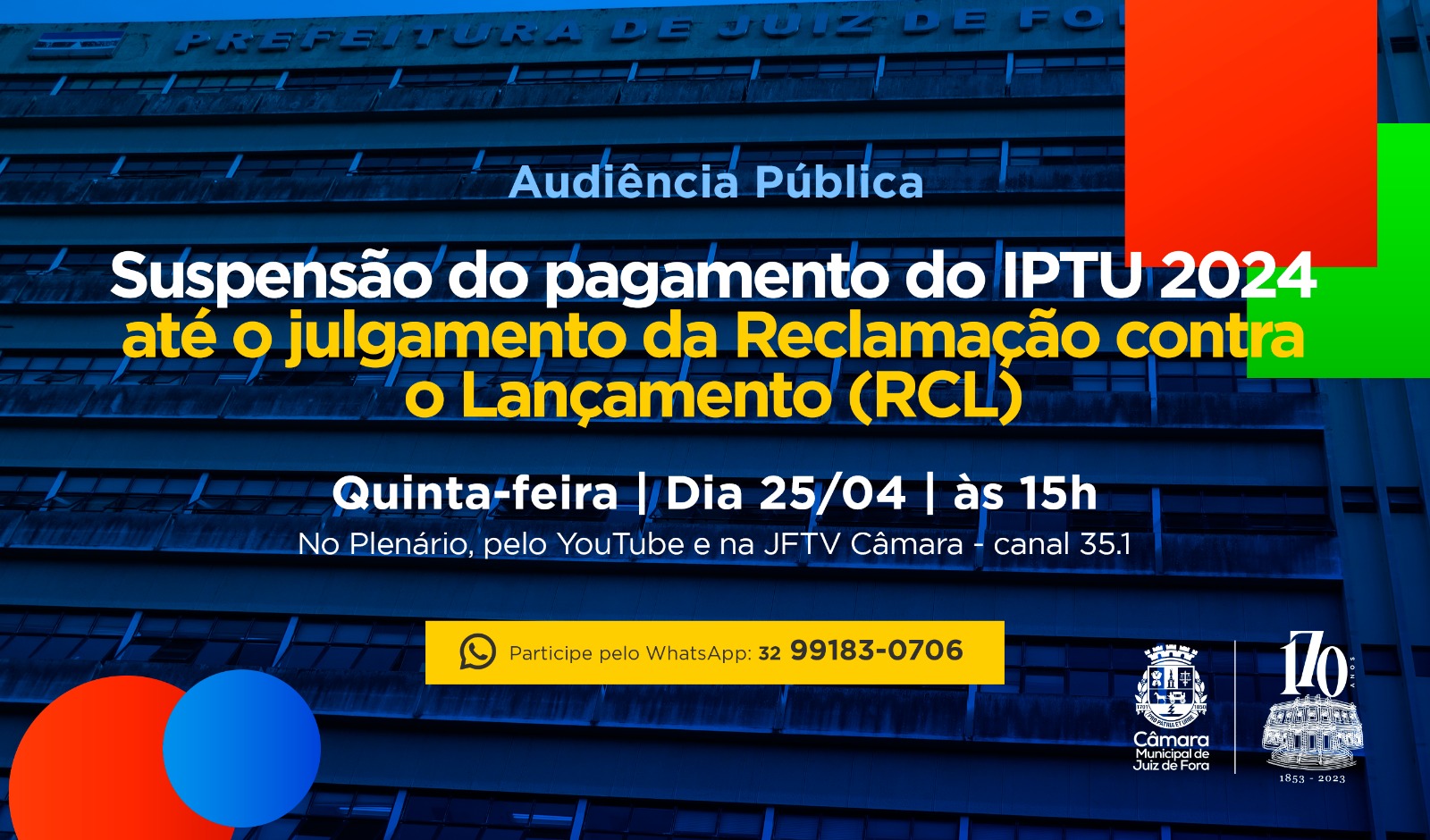 Câmara debaterá suspensão de pagamento do IPTU na próxima quinta, 25 (23/04/2024 00:00:00)