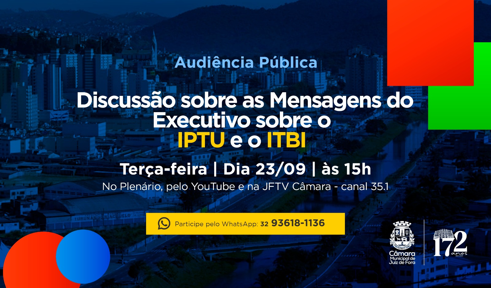 Câmara Municipal convoca Audiência Pública para discutir propostas sobre IPTU e ITBI em Juiz de Fora (19/09/2025 00:00:00)
